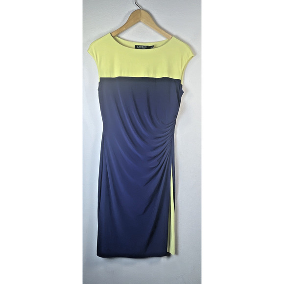 Lauren Ralph Lauren Navy lime green Sheath Slit Jersey Dress Size 6 cap sleeve - Picture 1 of 9